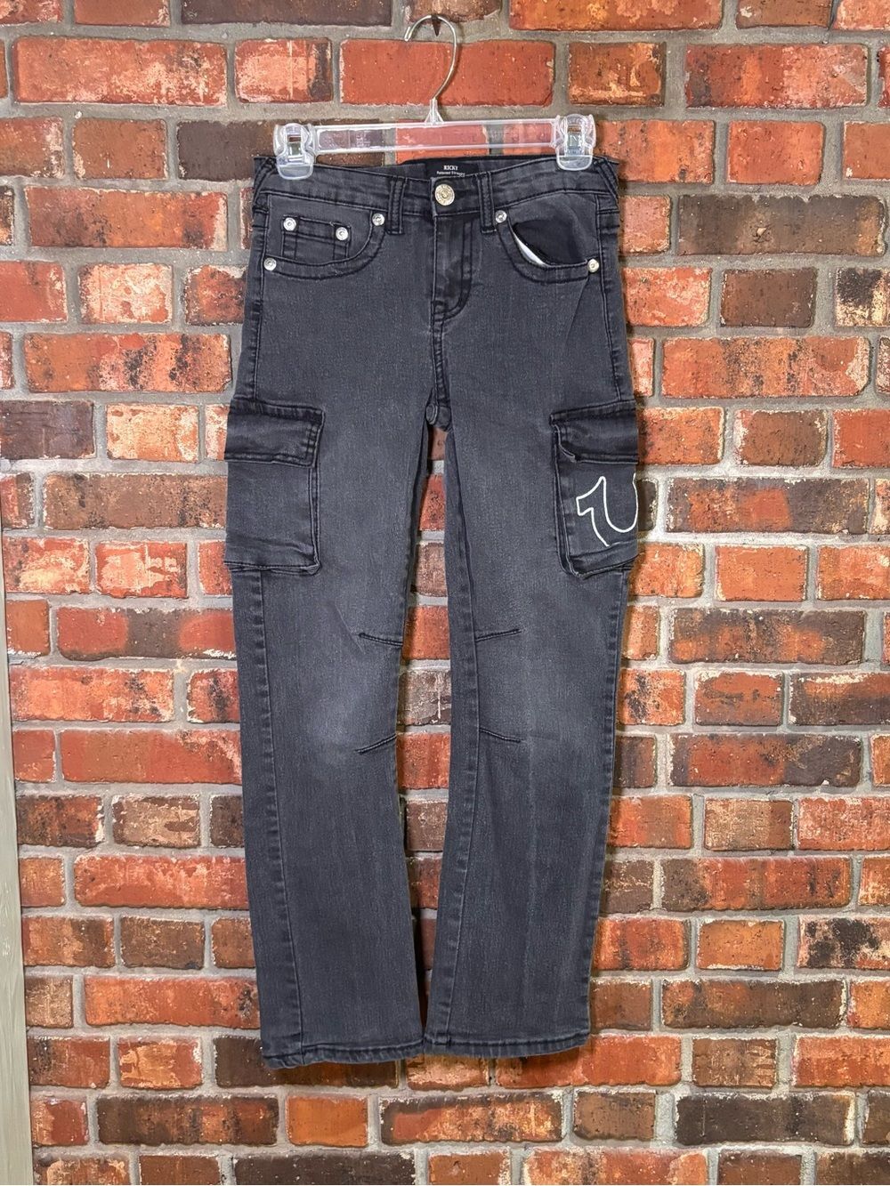 True Religion boys Ricky cargo relaxed straight denim jeans washed black 12